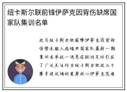 纽卡斯尔联前锋伊萨克因背伤缺席国家队集训名单 纽卡斯尔联前锋伊萨克因背伤缺席国家队集训名单