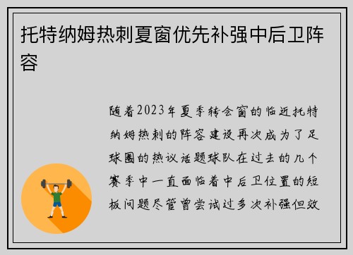 托特纳姆热刺夏窗优先补强中后卫阵容 托特纳姆热刺夏窗优先补强中后卫阵容